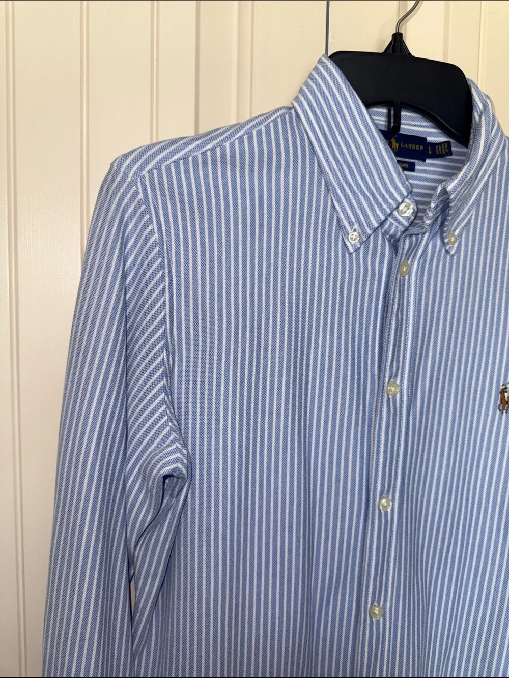 Ralph Lauren Kids Blue White Striped Knit Oxford Button Down Shirt Large L G